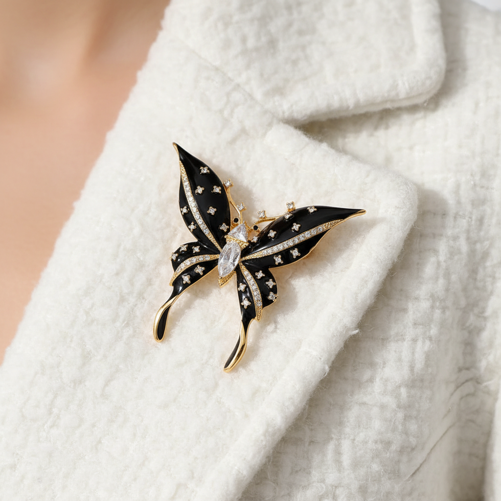Butterfly brooch lifestyle image on white wool coat