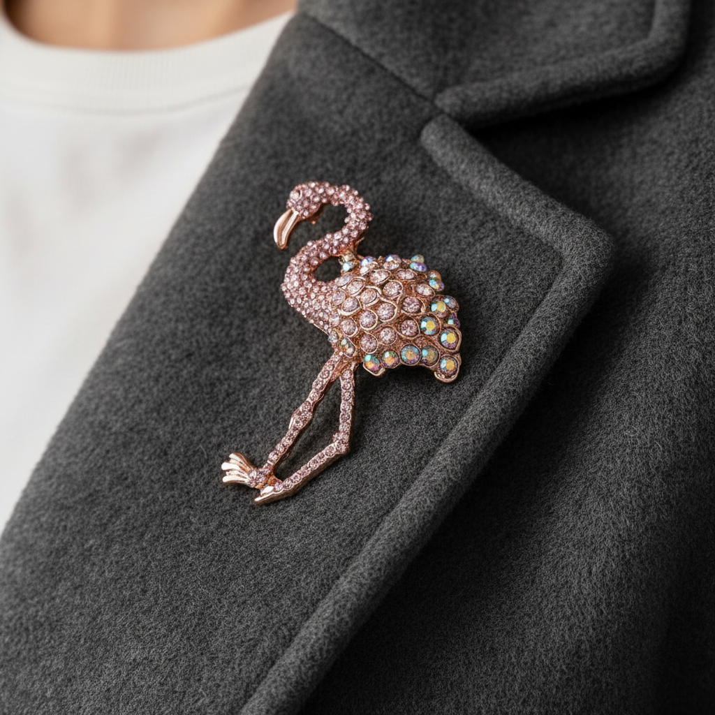 Close-up of flamingo brooch on coat