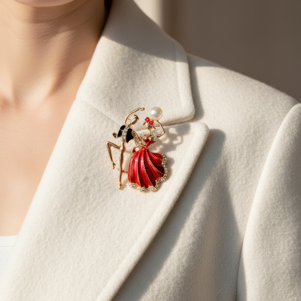 Dancing Couple Brooch on White Coat