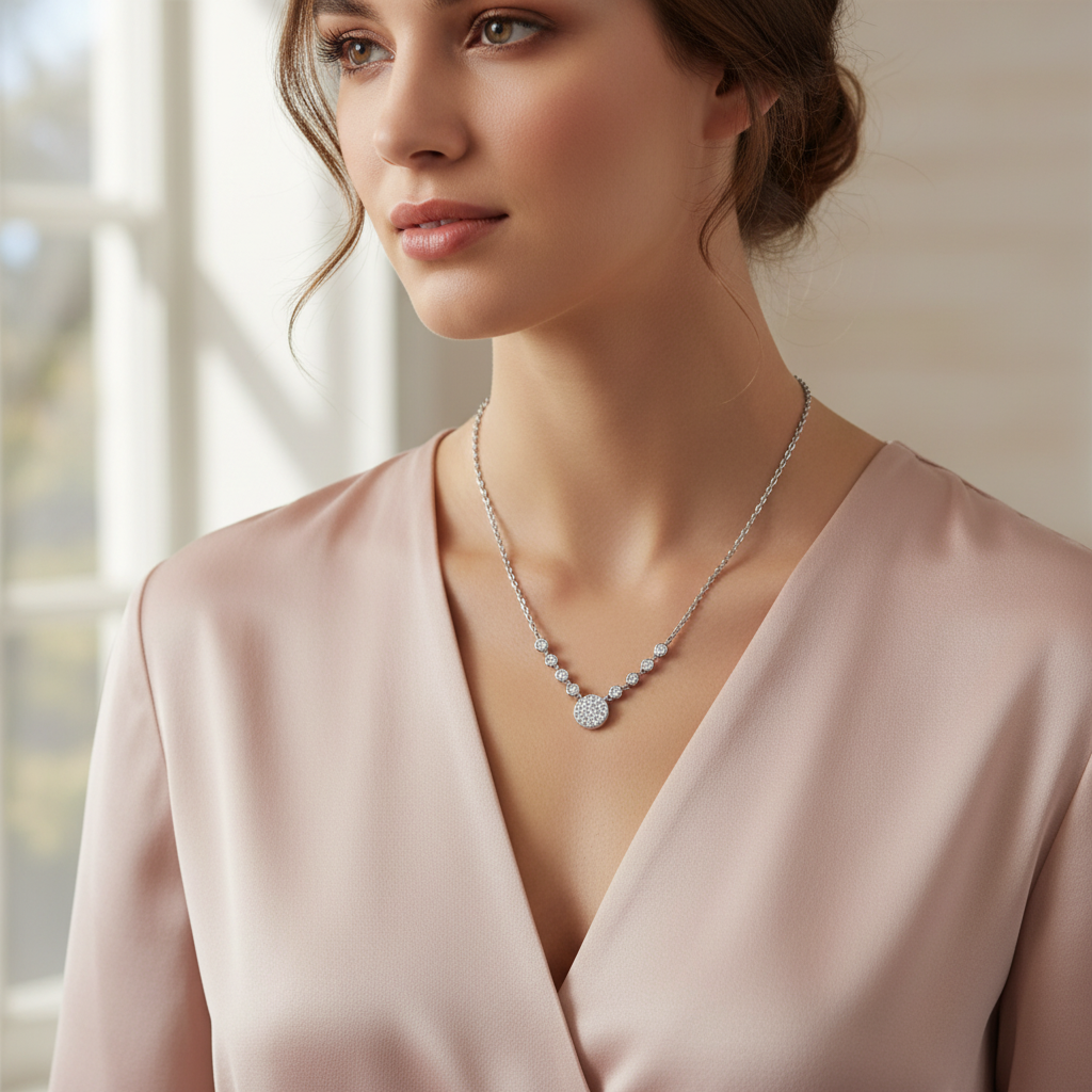 Lifestyle image of woman in pink blouse wearing crystal necklace