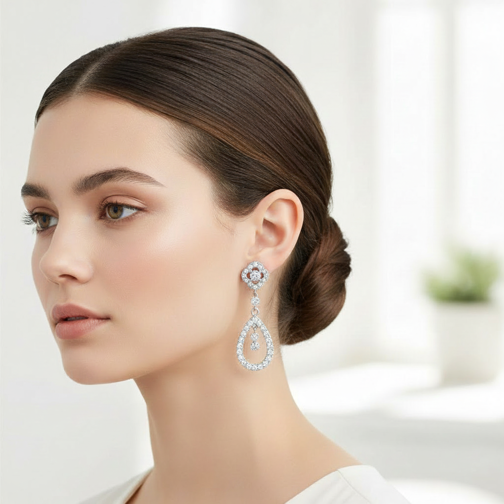 Lifestyle image with smaller crystal drop earrings