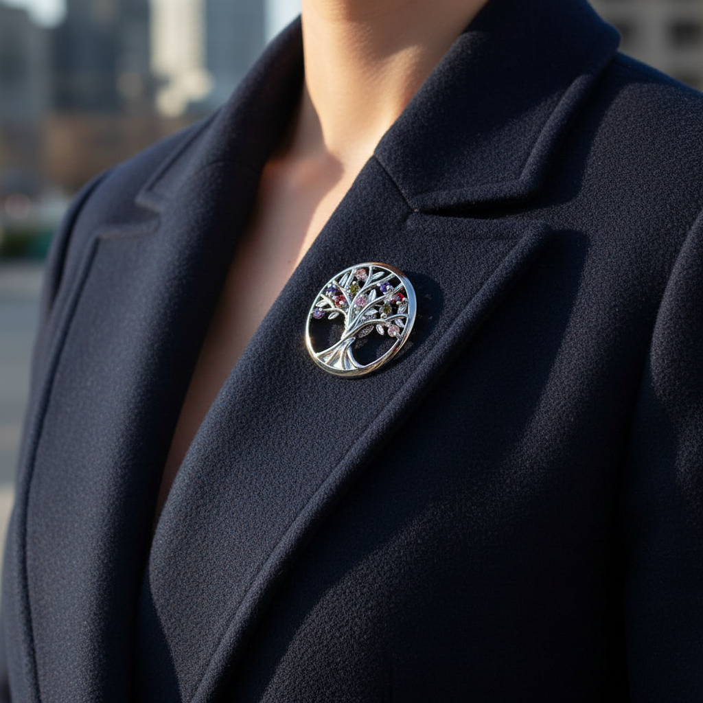 Tree of Life Brooch on Coat - Lifestyle Image