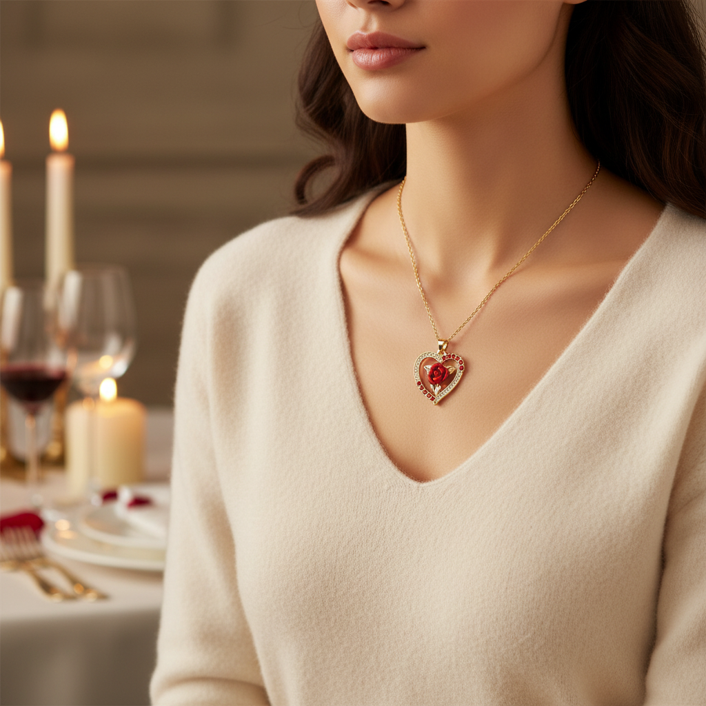 Valentine Rose and Heart Pendant on Model - Clean