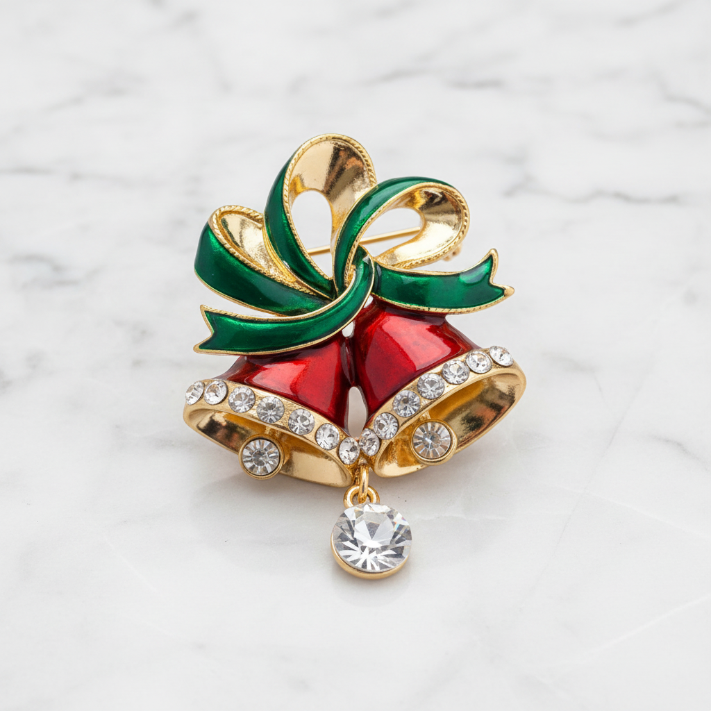 Christmas bells brooch on white marble