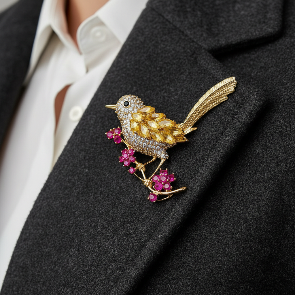 Close-up of crystal magpie bird brooch on coat