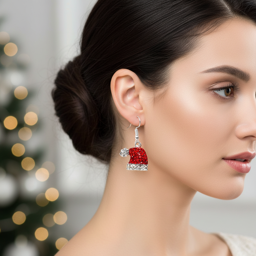 Crystal Christmas Hat Dangle Earrings Lifestyle Image