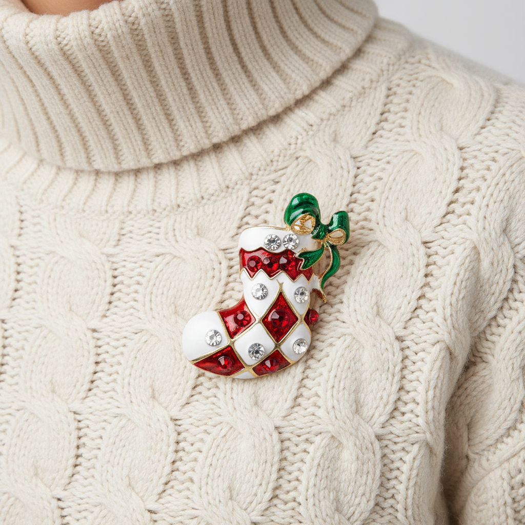 Crystal Christmas Sock Brooch Lifestyle Image - Different Sweater