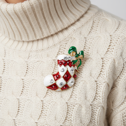 Crystal Christmas Sock Brooch Lifestyle Image - Different Sweater