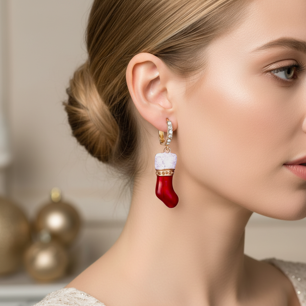 Crystal Christmas Socks Dangle Earrings Lifestyle Image - Proper Placement