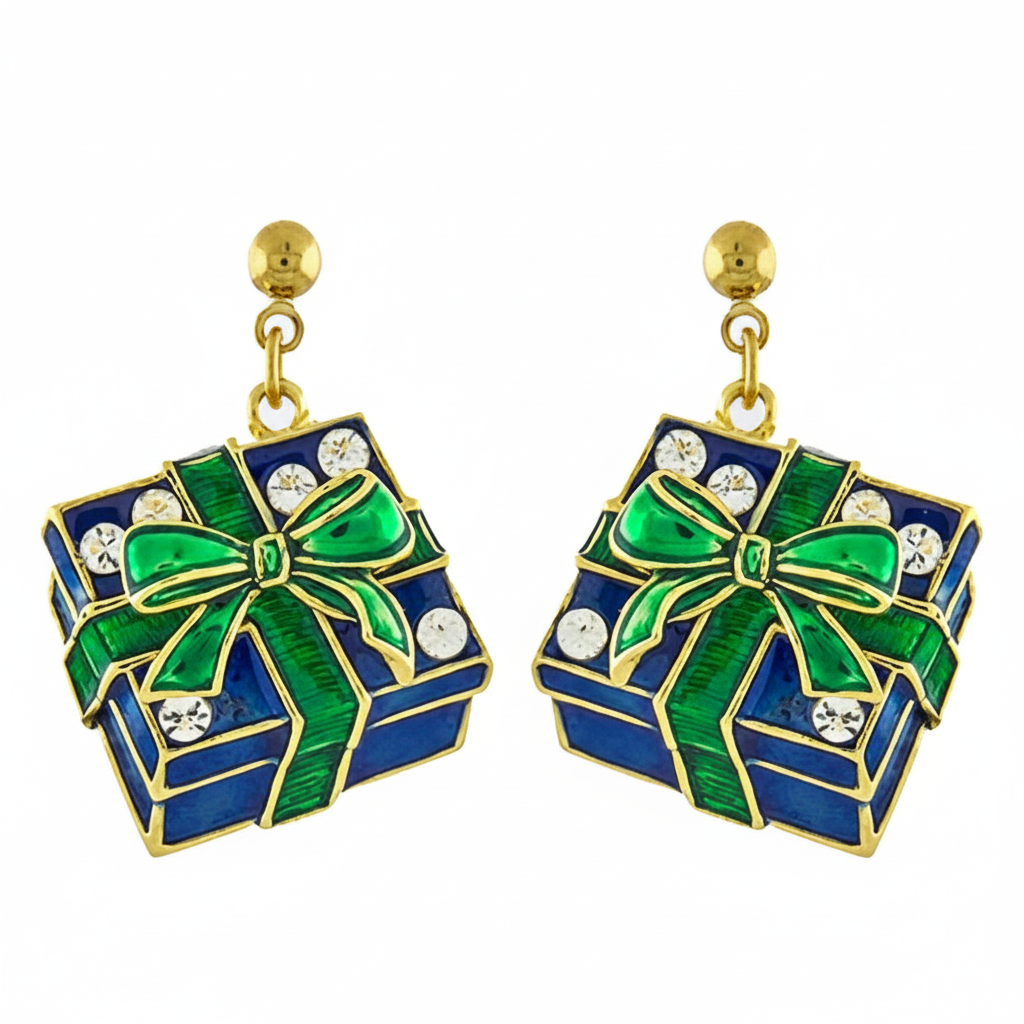 Crystal gift box earrings on white background