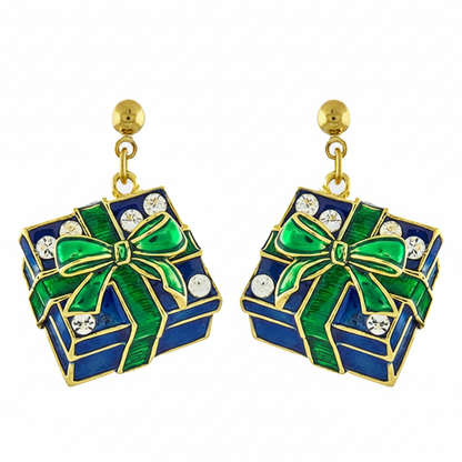 Crystal gift box earrings on white background