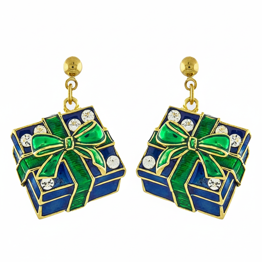 Crystal gift box earrings on white background