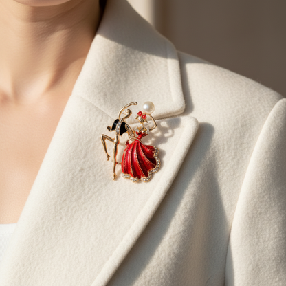 Dancing Couple Brooch on White Coat