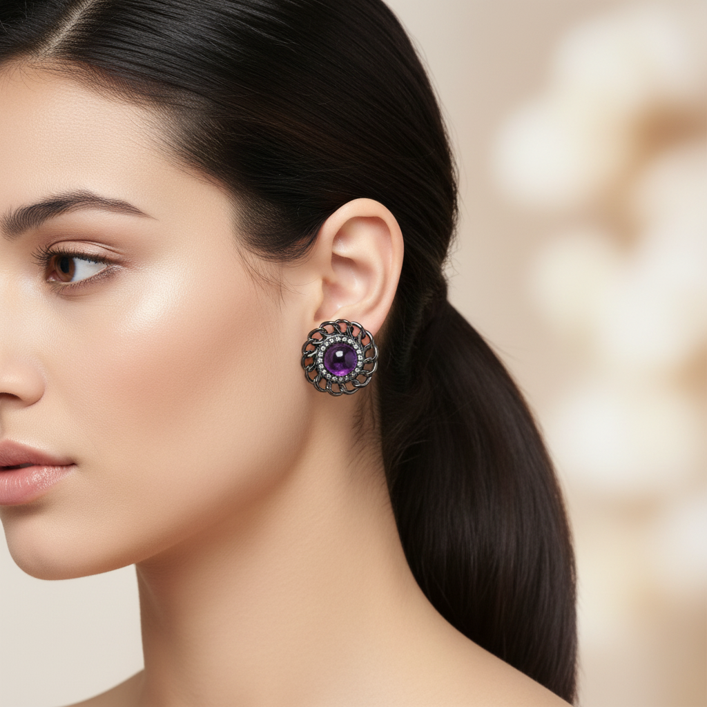 Gunmetal Amethyst Earrings Lifestyle Image