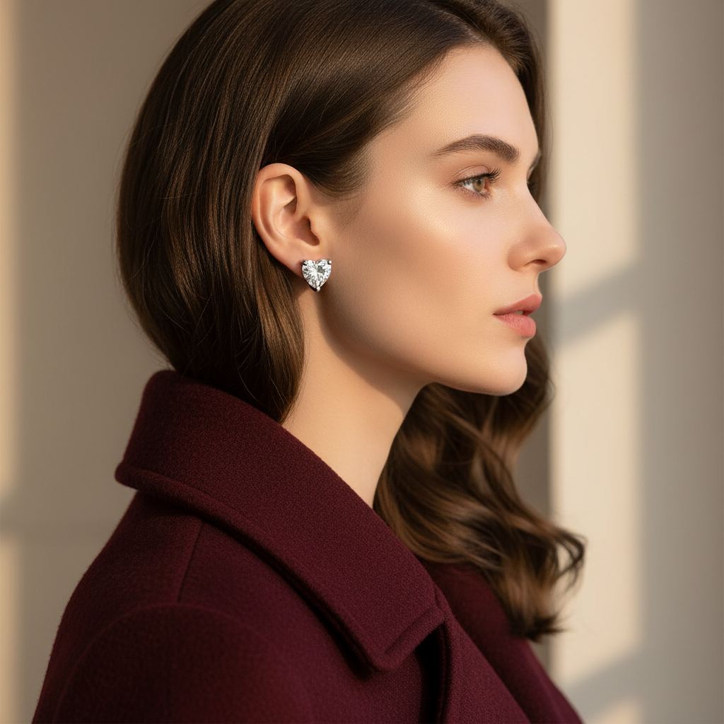 Heart-shaped crystal earrings lifestyle image with burgundy coat
