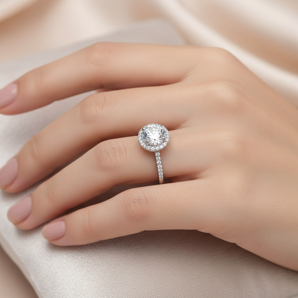 High resolution lifestyle image of high polished stainless steel halo ring