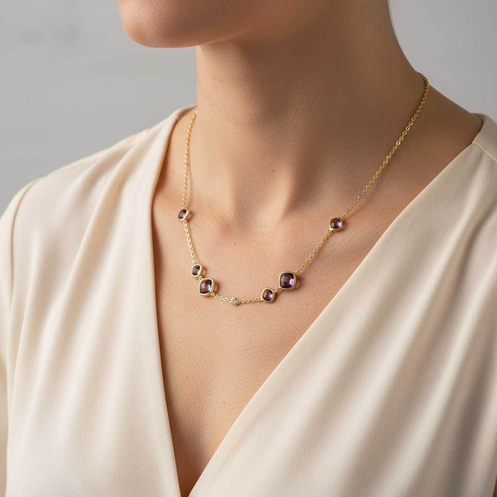 Lifestyle image of Brillara necklace with blush blouse