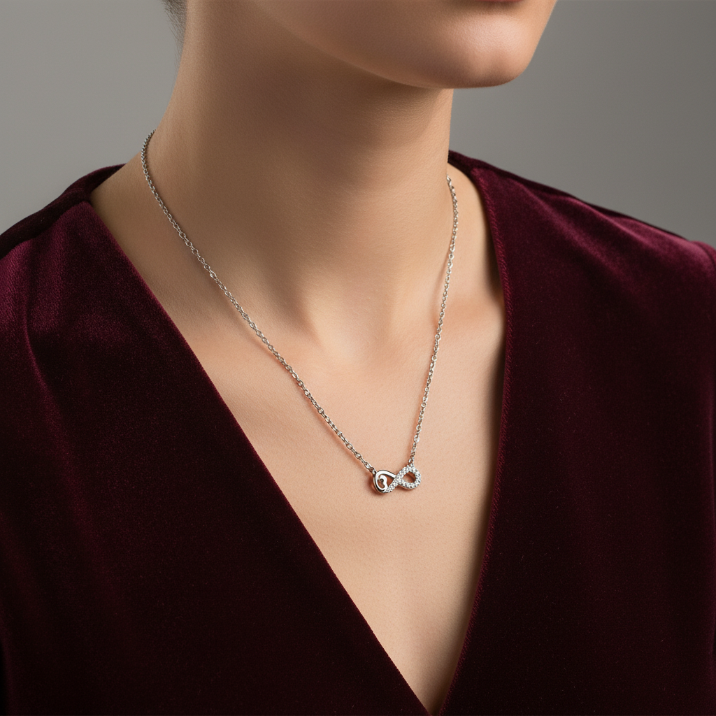 Lifestyle image of infinity necklace with colored blouse