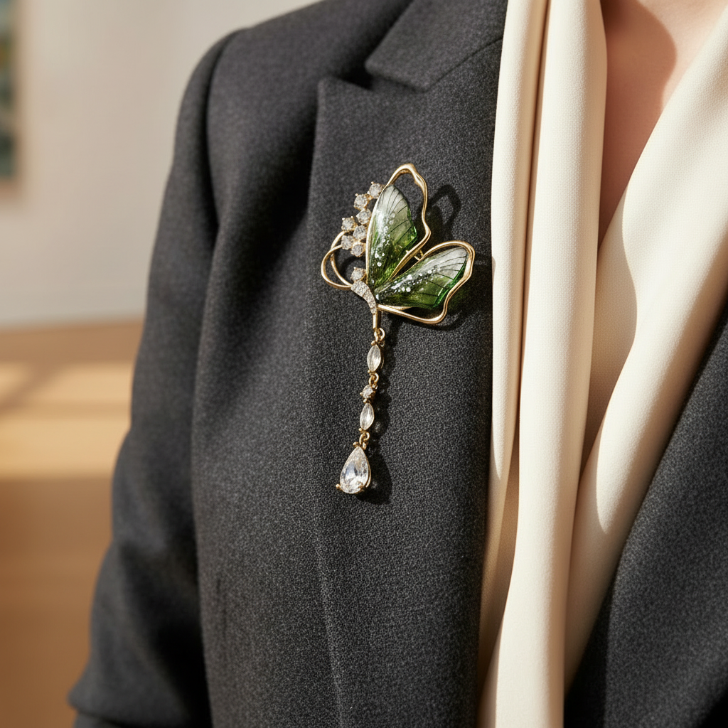 Lifestyle image of proportional butterfly brooch on jacket