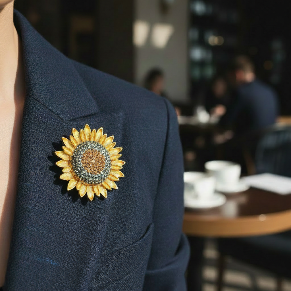 Lifestyle image of smaller sunflower brooch
