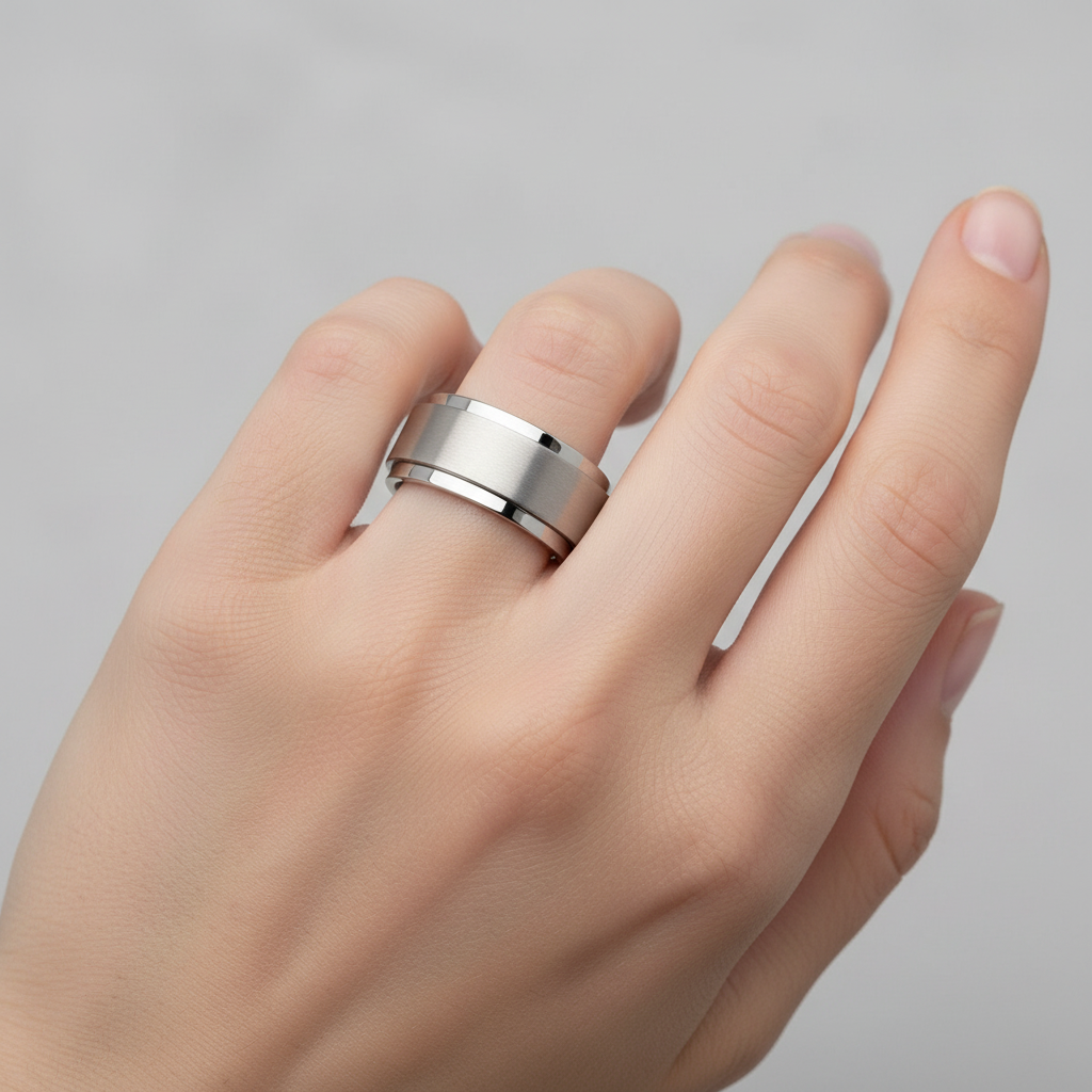 Lifestyle image of stainless steel ring on woman's finger