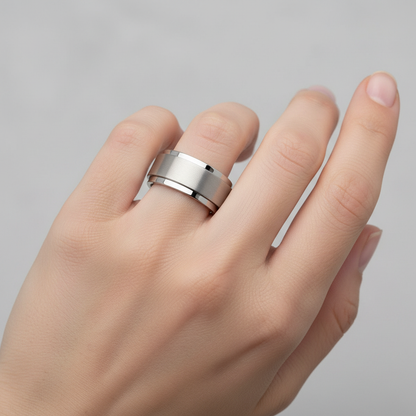 Lifestyle image of stainless steel ring on woman's finger