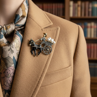 Lifestyle image of vintage donkey cart brooch with pearls