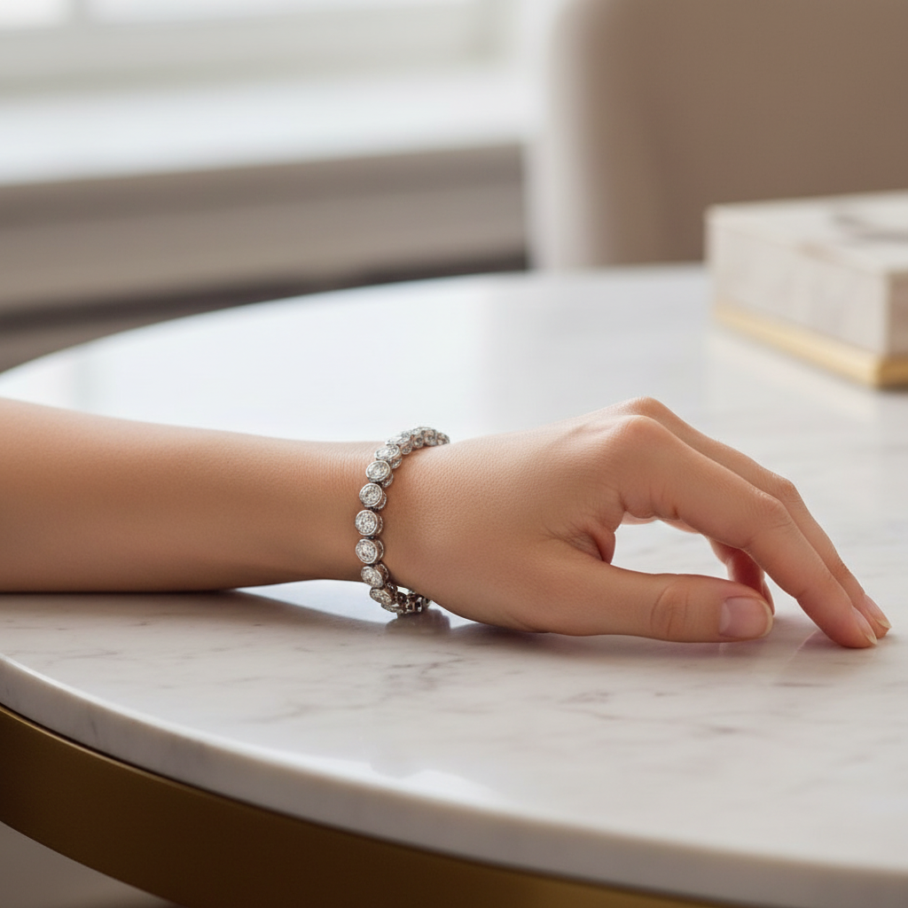 Lifestyle image of woman wearing rhodium crystal tennis bracelet