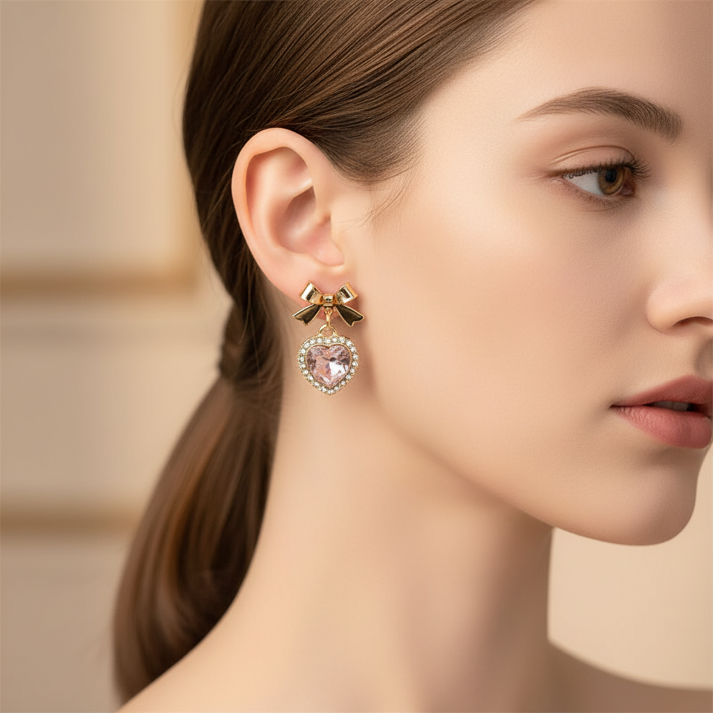 Rhinestone Heart and Bow Earrings Lifestyle