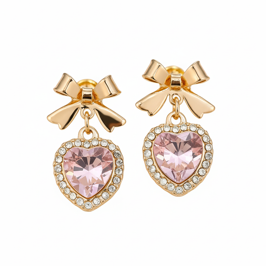 Rhinestone Heart and Bow Earrings - White Background