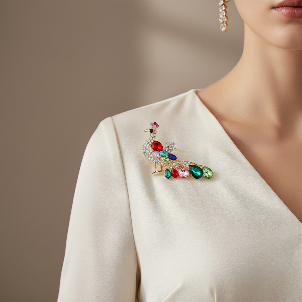 Rhinestone Peacock Brooch Lifestyle