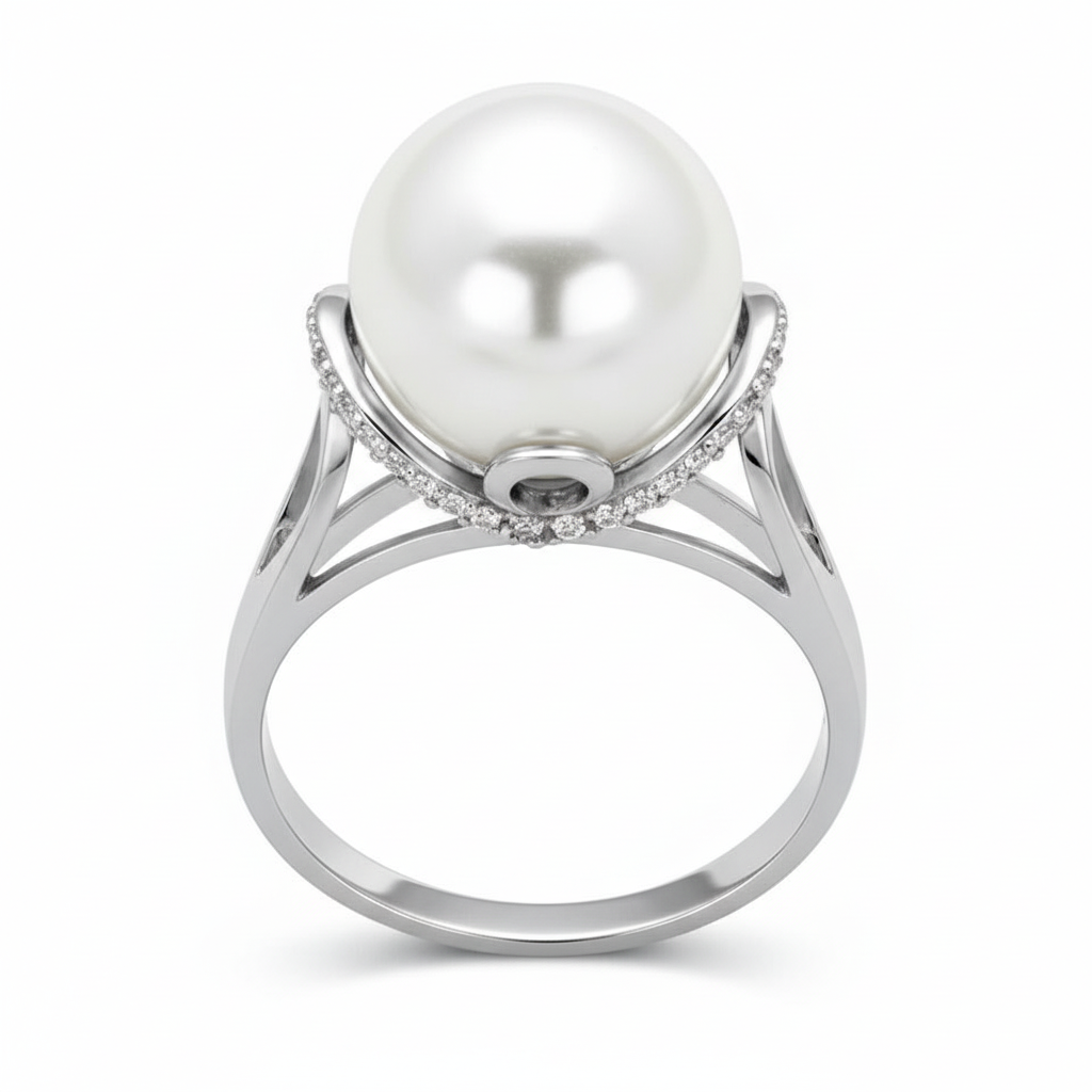 Rhodium 925 Sterling Silver Ring with Synthetic Pearl - White Background 2000x2000