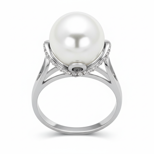 Rhodium 925 Sterling Silver Ring with Synthetic Pearl - White Background 2000x2000