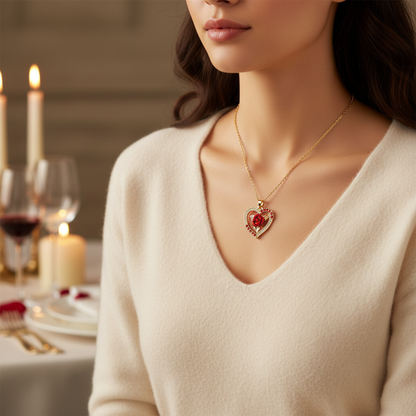 Valentine Rose and Heart Pendant on Model - Clean