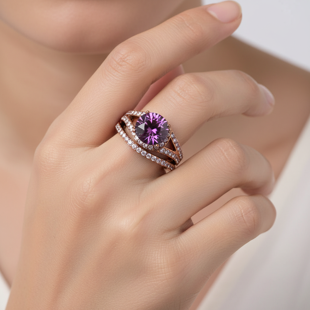 Vibrant lifestyle image of amethyst ring on woman's hand