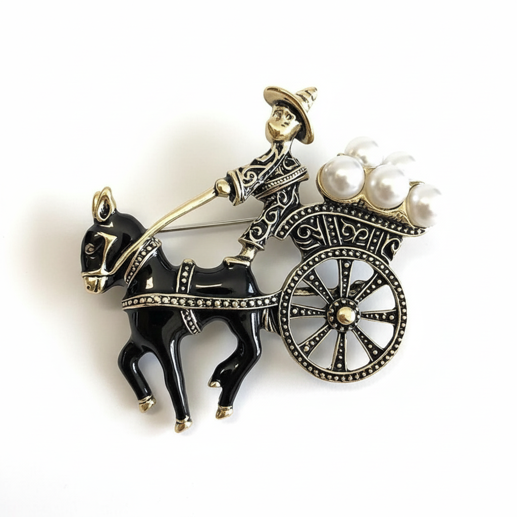 Vintage Donkey Cart with Pearls Brooch - Pure White Background